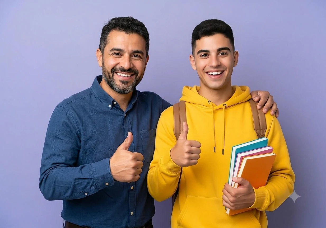 A student holding books beside his parent